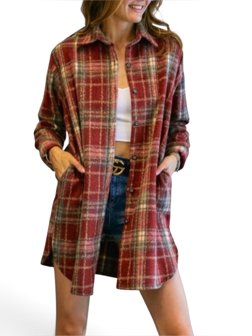 NEW Adora Brushed Flannel Burgundy Plaid Shirt Hem Lightweight Shacket Women’s